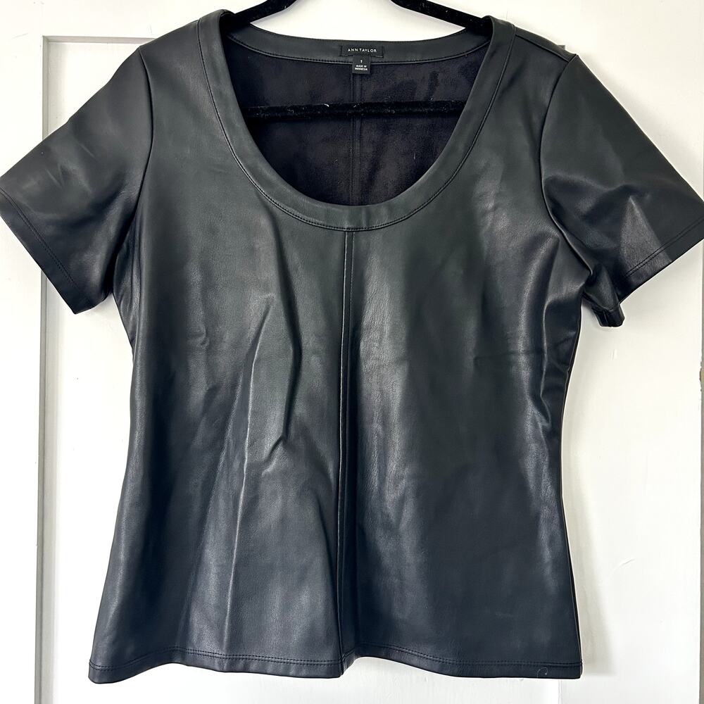 Ann Taylor Faux Leather scoop neck short sleeve top